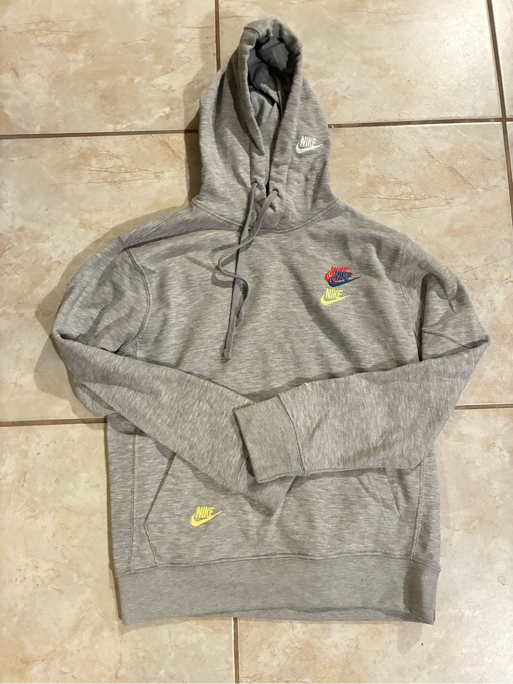 Nike Grey Pullover Hoodie with Red, Blue and Yellow Swooshes